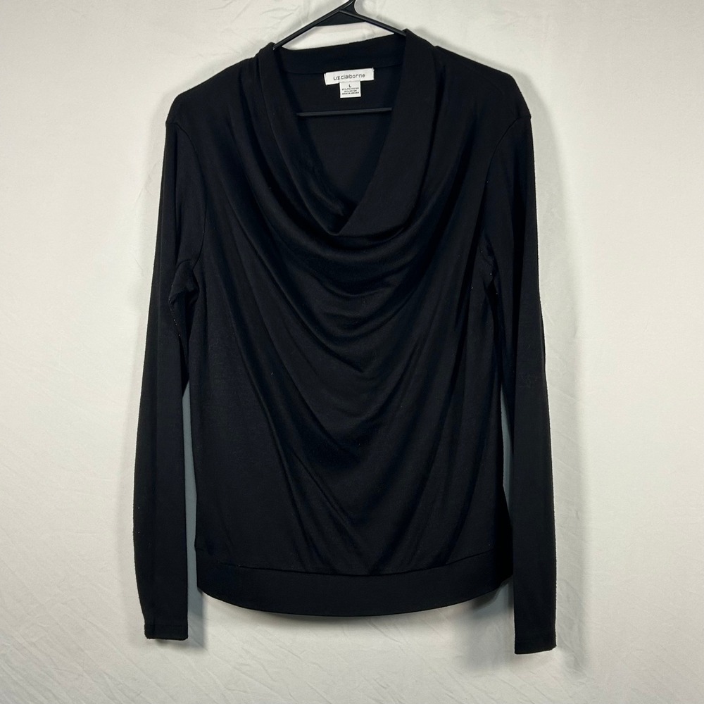 Liz Claiborne Cowl Neck Top Womens L Black Long Sleeve Draped Jersey Blouse